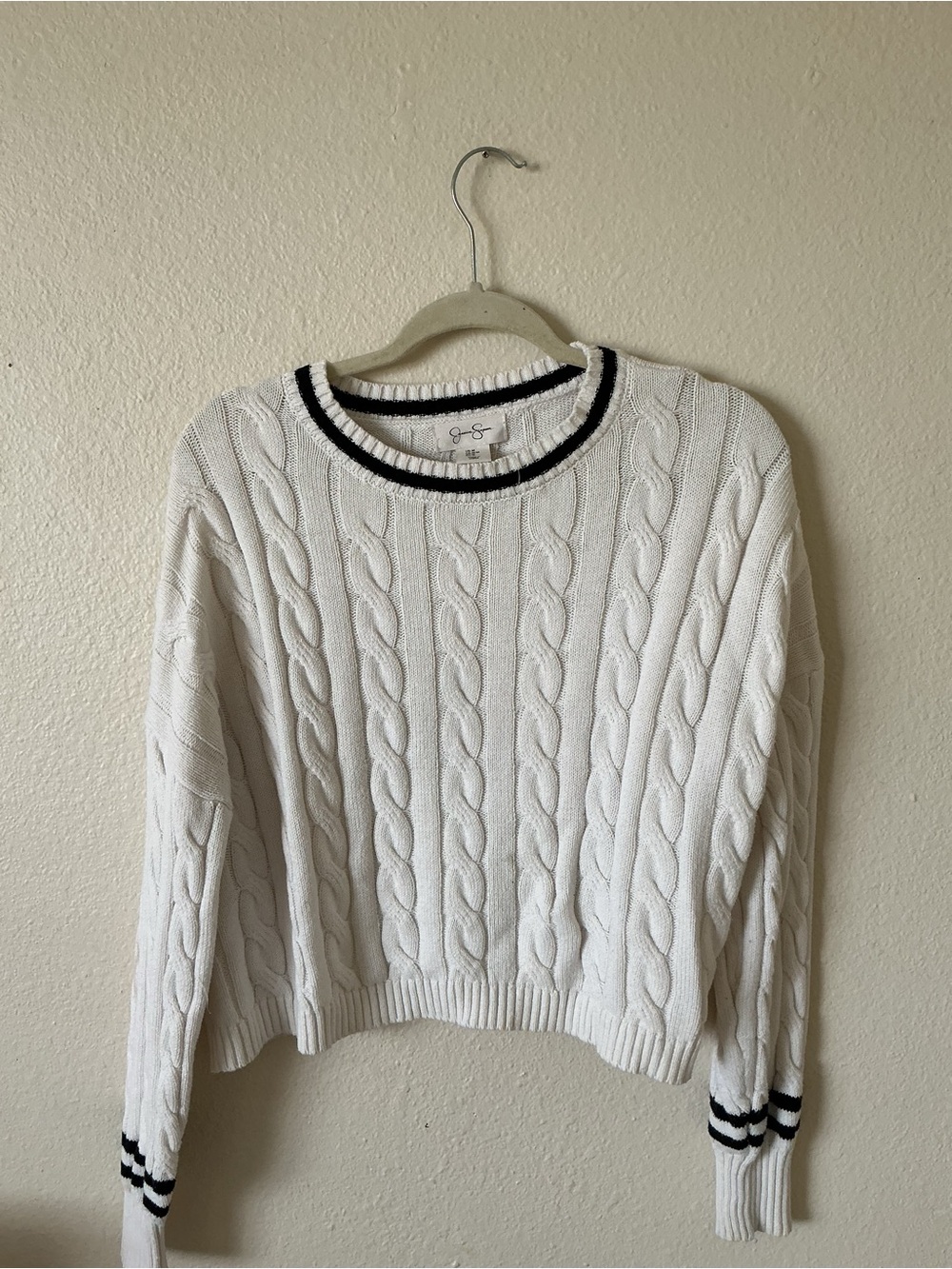 JESSICA SIMPSON J. Crew Cream Cable-Knit Crewneck Sweater with Black Stripe Trim